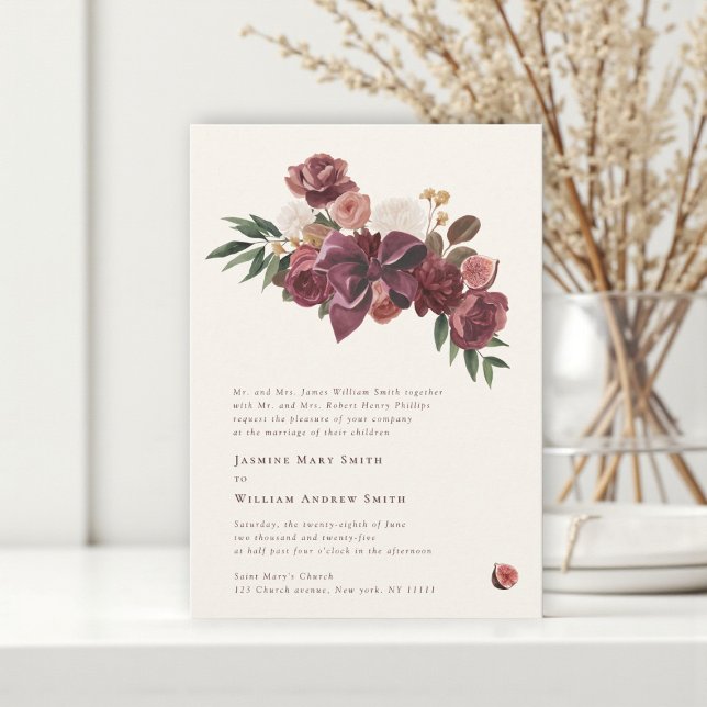 Convites Burgundy Floral Botanical Wedding Invitation (Criador carregado)