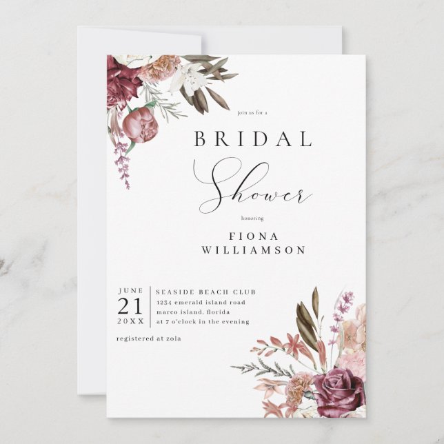 Convites Burgundy Floral Bridal Shower (Frente)