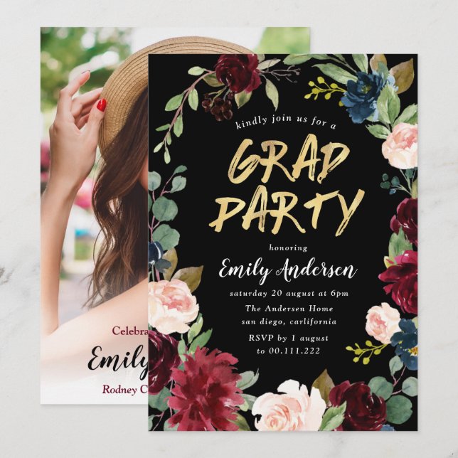 Convites Burgundy floral brush script festa de formatura pr (Frente/Verso)