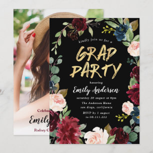 Convites Burgundy floral brush script festa de formatura pr