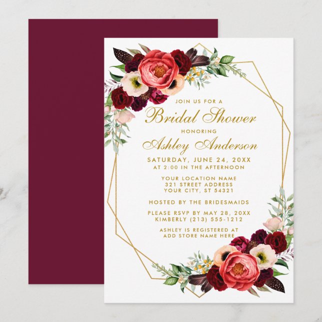 Convites Burgundy Floral Chá de panela Boho Invite BG (Frente/Verso)