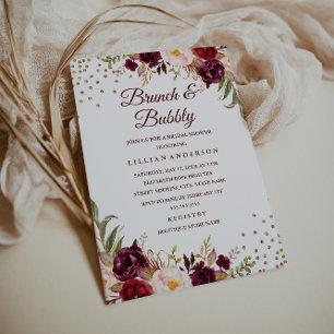 Convites Burgundy Floral Confetti Brunch e Chá Bubble