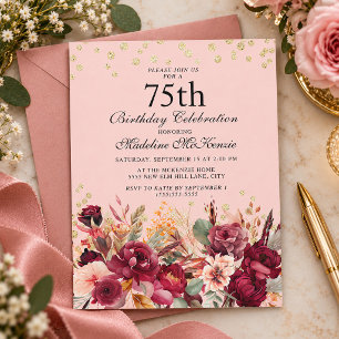 Convites Burgundy Floral Cor-de-rosa Brilho Dourado Anivers