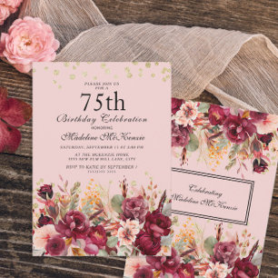 Convites Burgundy Floral Cor-de-rosa Brilho Dourado Anivers