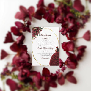 Convites Burgundy floral cowgirl Quinceanera espanhol