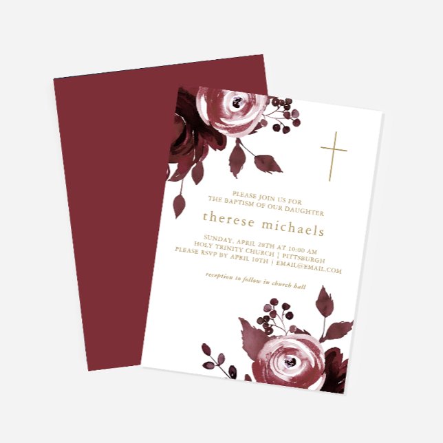 Convites Burgundy Floral Cross Baptism (Criador carregado)