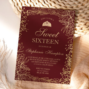 Convites Burgundy floral de ouro chico Tiara Sweet 16