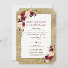 Convites Burgundy Floral Dourada Casamento com Lusas