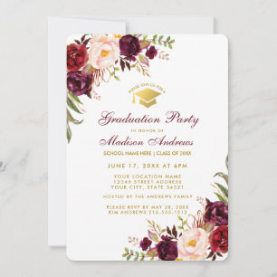 Convites Burgundy Floral Dourada Festa de formatura Invite 