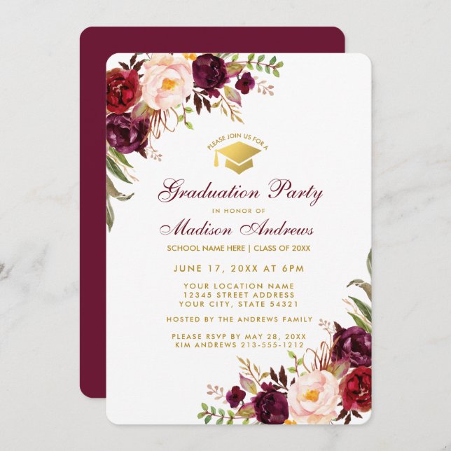 Convites Burgundy Floral Dourada Festa de formatura Invite  (Frente/Verso)