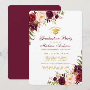 Convites Burgundy Floral Dourada Festa de formatura Invite 