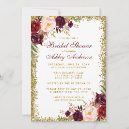 Convites Burgundy Floral Dourada Glitter Invite