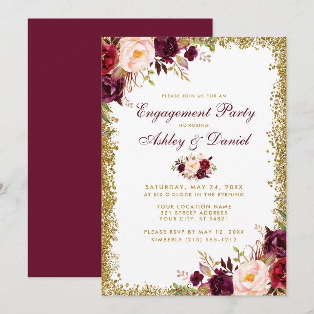 Convites Burgundy Floral Dourada Glitter Invite (Frente/Verso)