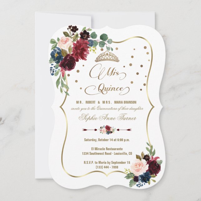 Convites Burgundy Floral Dourada Mis Quince Script Quinceañ (Frente)
