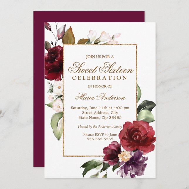 Convites Burgundy Floral Dourado Border Sweet 16 Party (Frente/Verso)