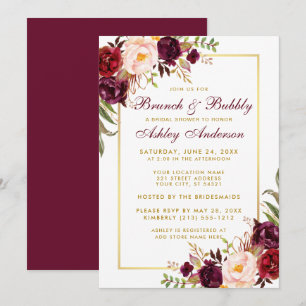 Convites Burgundy Floral Dourado Chá de panela Brunch Conv