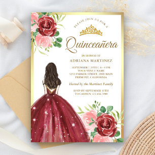 Convites Burgundy Floral Dress Princesa Dourada Quinceanera