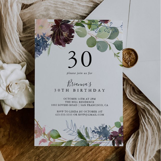 Convites Burgundy Floral e Greenery aniversário de 30 anos (Criador carregado)