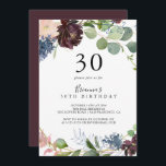 Convites Burgundy Floral e Greenery aniversário de 30 anos<br><div class="desc">Este convite de festas floral e verde-aniversário de 30 anos é perfeito para uma festa de aniversário moderna. O elegante design apresenta marinho de aquarela,  cor-de-rosa-pincelada e flores de sombra de vinho com detalhes artísticos lápis.</div>