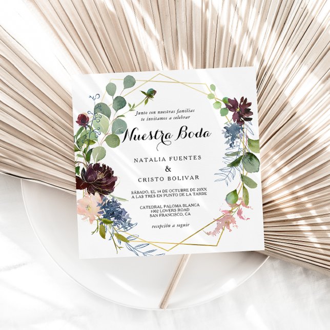 Convites Burgundy Floral e Greenery Casamento Espanhol (Criador carregado)