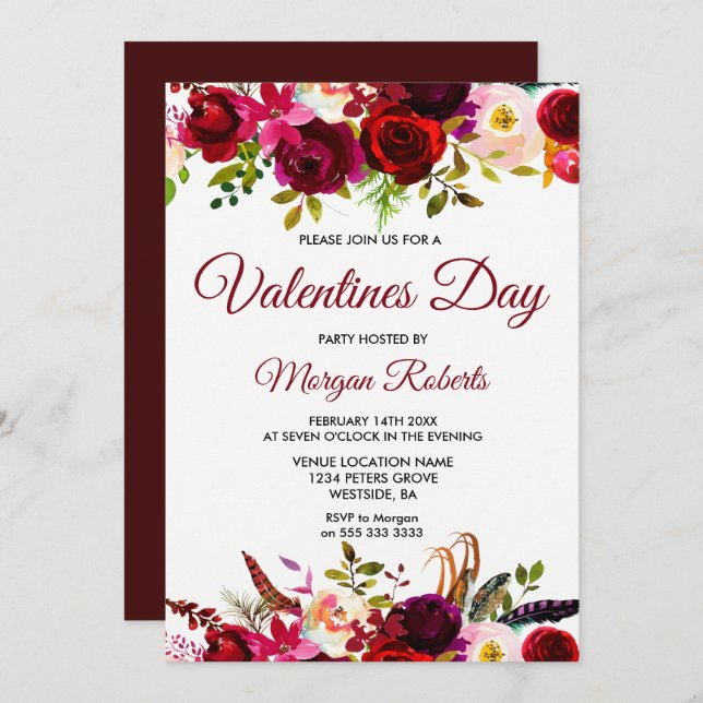 Convites Burgundy Floral Elegant Invite (Frente/Verso)
