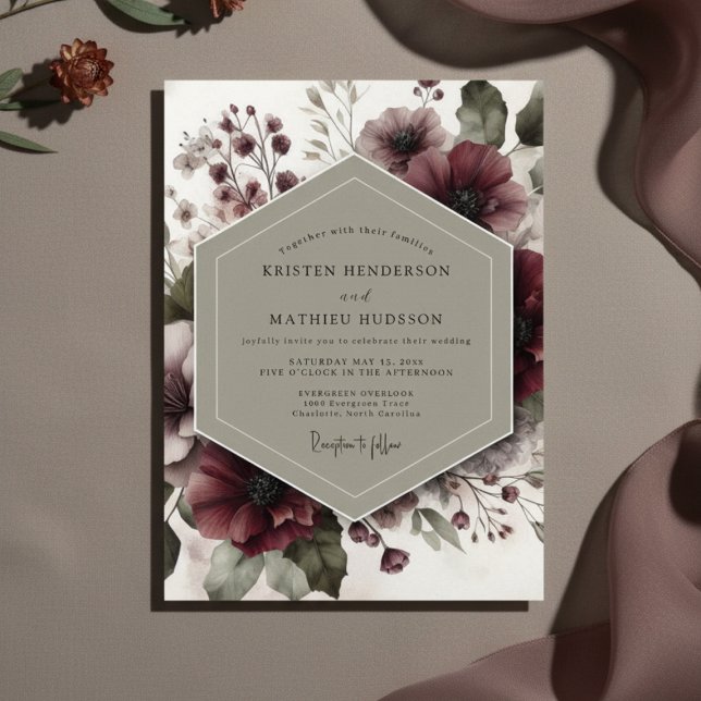 Convites Burgundy Floral Ethereal Wedding (Criador carregado)