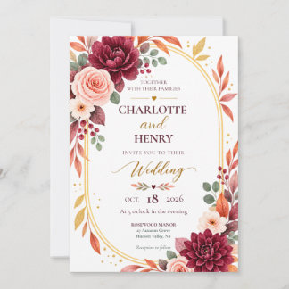 Convites Burgundy Floral Fall Wedding Invitation