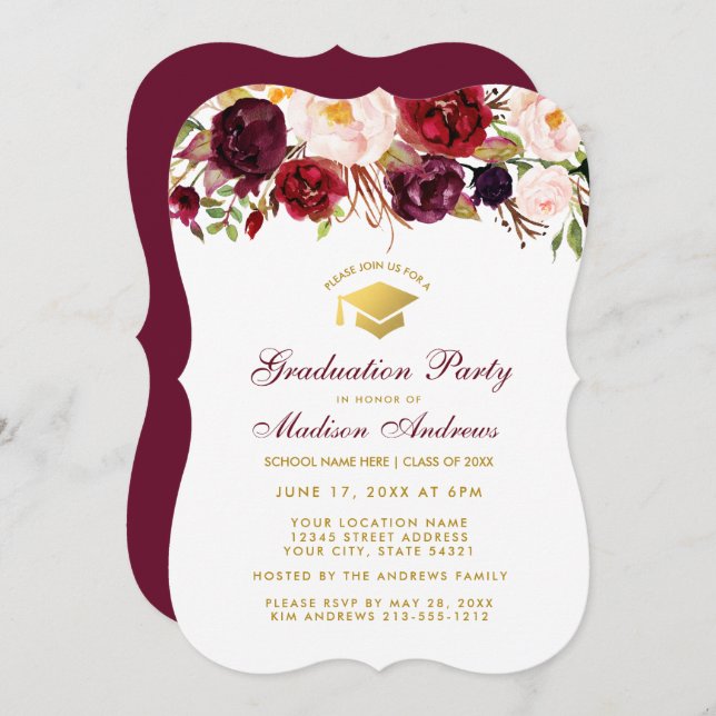 Convites Burgundy Floral Festa de formatura Dourada Invite  (Frente/Verso)