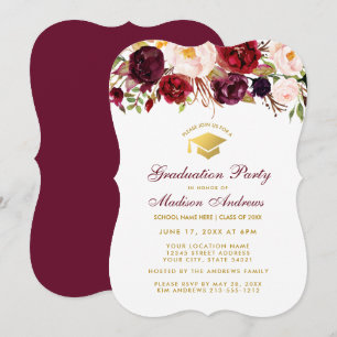 Convites Burgundy Floral Festa de formatura Dourada Invite