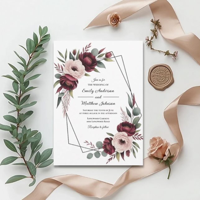 Convites Burgundy Floral Frame Wedding Invitation (Criador carregado)