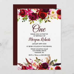 Convites Burgundy Floral Girls - primeiro aniversario do Pa