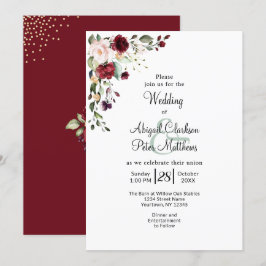 Convites Burgundy Floral Gold Foil Watercolor Casamento