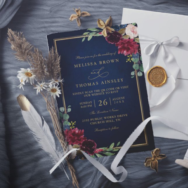 Convites Burgundy Floral Gold Navy Blue QR Code Wedding (Criador carregado)