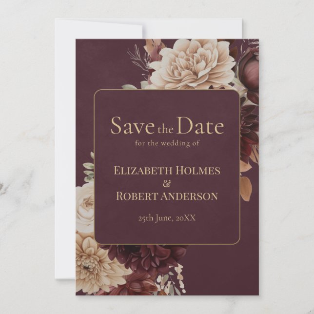 Convites Burgundy Floral Gothic Save the Date Card (Frente)