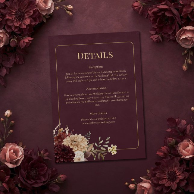 Convites Burgundy Floral Gothic Wedding Details Card (Burgundy Floral Gothic Wedding Details Card on a burgundy witchy wedding table with flowers)