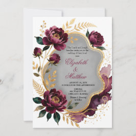 Convites Burgundy Floral Gray Gold Luxury Wedding