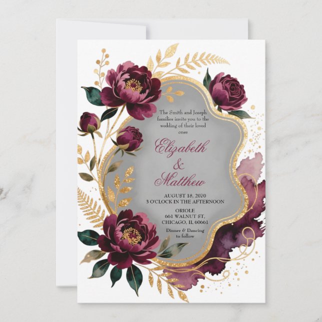 Convites Burgundy Floral Gray Gold Luxury Wedding (Frente)