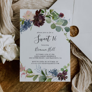 Convites Burgundy Floral Greenery Doce 16 Festa de anivers