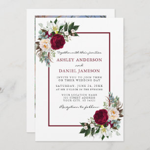 Convites Burgundy Floral Greenery Enquadrou Foto Casamento