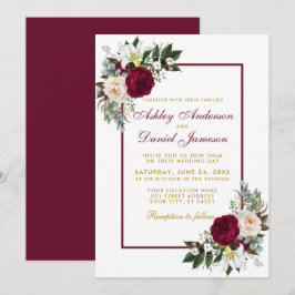 Convites Burgundy Floral Greenery Frame Casamento Dourado