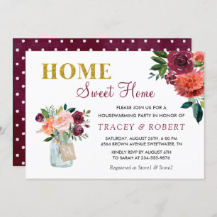 Convites Burgundy Floral Home Sweet Home