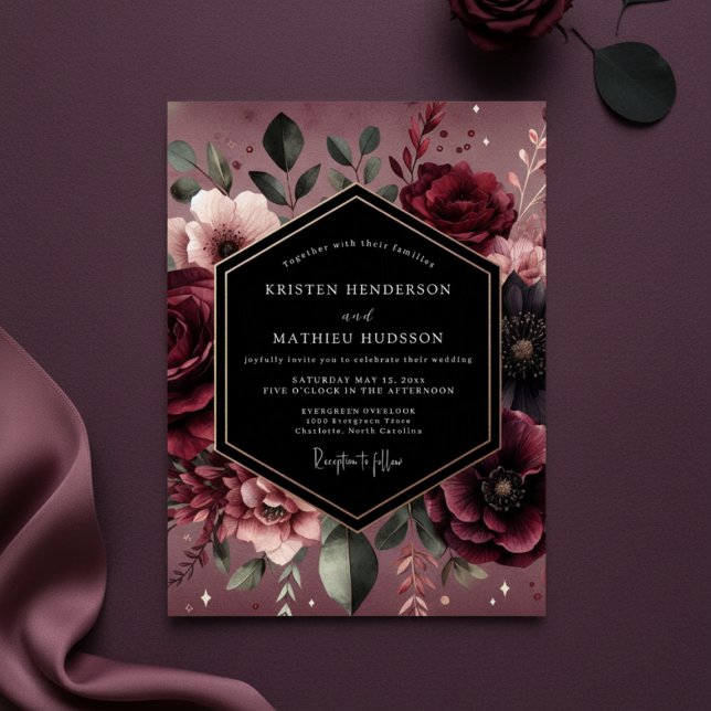 Convites Burgundy Floral Luxe Wedding (Criador carregado)