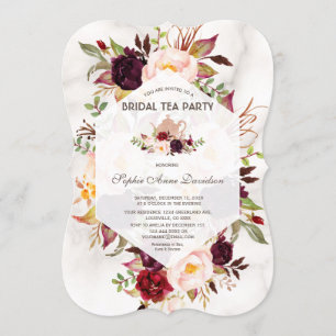 Convites Burgundy Floral Marble Chá de panela Tea Party