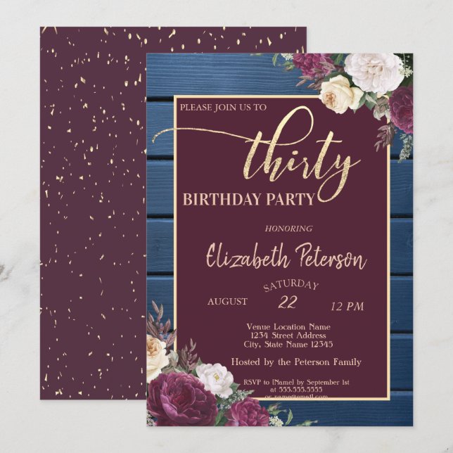 Convites Burgundy Floral Marinho Azul aniversário de 30 ano (Frente/Verso)