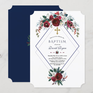 Convites Burgundy Floral Marinho Azul Batismo
