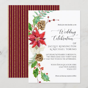 Convites Burgundy Floral Natal Dourado Winter Holly Berry
