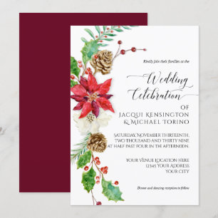Convites Burgundy Floral Natal Dourado Winter Holly Berry