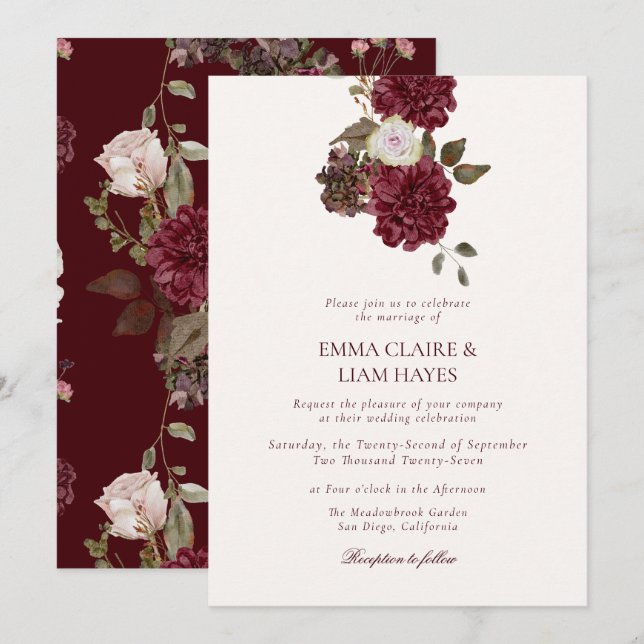 Convites Burgundy Floral Old Money Wedding Invitation (Frente/Verso)