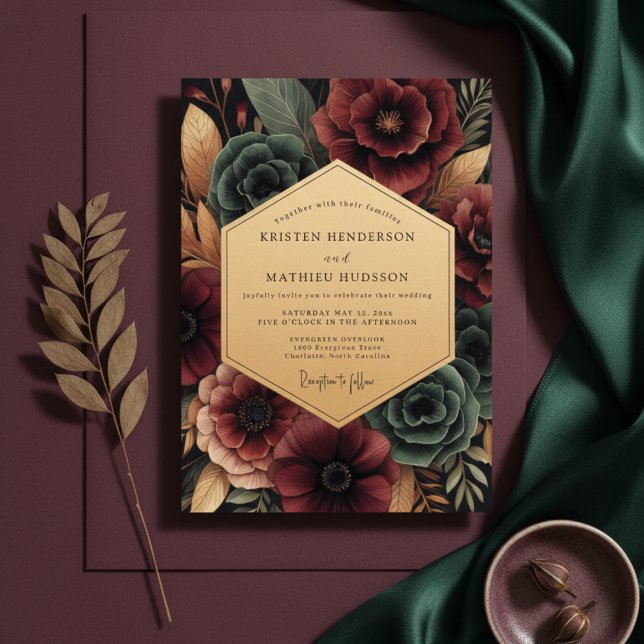 Convites Burgundy Floral Opulence Wedding (Criador carregado)