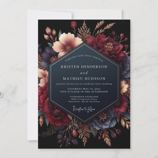 Convites Burgundy Floral Opulent Romance Wedding (Frente)